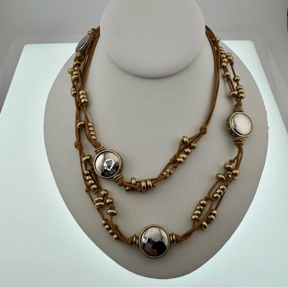 Chico's Tan and Gold Beaded Necklace on a Tan Leather Strap long EUC - Picture 3 of 10